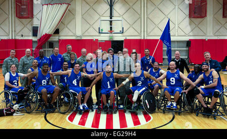 Secretary of the Air Force Deborah Lee James, Chief of Staff of the Air Force Gen. Mark A. Welsh III, and Chief Master Sgt. of the Air Force James A. Cody were in attendance to watch the Air Force take on U.S. Special Operations Command in a game of wheelchair basketball Sept. 30, 2014, during Warrior Games in Colorado Springs, Colo. Air Force won the game 29-12.  Senior Airman Tiffany Denault Stock Photo