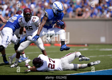 Junior running back Jon Lee leaps into the end zone for a touchdown as the U.S. Air Force Academy met the Colgate Raiders at Falcon Stadium in Colorado Springs, Colo.  Aug 31, 2013.  The Falcons defeated Colgate in their home opener, 38-13.  Lee, from Bethlehem, Ga., rushed for 130 yards and 2 touchdowns on 11 carries.  Mike Kaplan Stock Photo