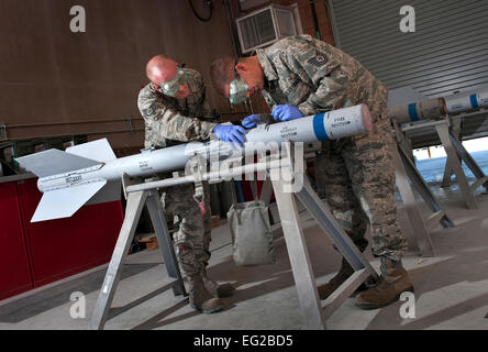 Staff Sgt. Daniel Manzer, left, and Tech. Sgt. Jonathan Kidd work on an AIM-9 Sidewinder missile during exercise Green Flag-West 13-02 at Nellis Air Force Base, Nev., Nov. 2, 2012. Kidd is assigned to the 187th Fighter Wing, Alabama Air National Guard, and Manzer is with the 57th Maintenance Squadron at Nellis AFB.  Val Gempis