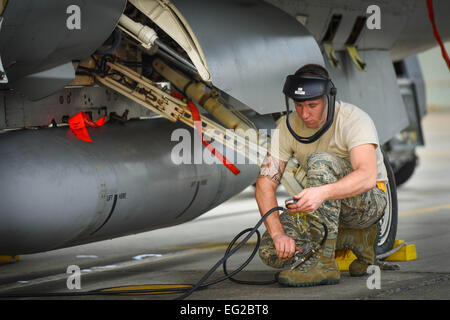 Senior Airman Josh Miller inflates tires of an F-16C Fighting Falcon Jan.12, 2015, on the flight line of Naval Station Key West, Boca Chica Island, Fla. The 180th Fighter Wing deployed to Key West to conduct aircraft training with F-5’s from the Naval Station Key West, and F-15 Eagle’s from the 159th Fighter Wing in New Orleans, La. Miller is a 180th Fighter Wing crew chief. U.S. Air National Guard photo/Staff Sgt. Amber Williams Stock Photo