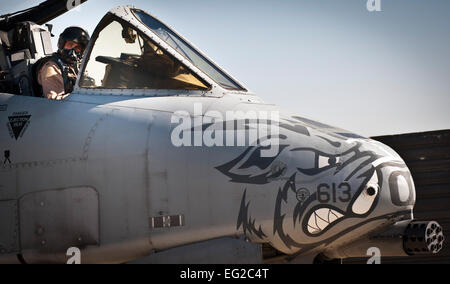 A pilot assigned to the 104th Expeditionary Fighter Squadron prepares an A-10 Thunderbolt II for a mission May 27, 2012, at Bagram Airfield, Afghanistan. The A-10 is a specialized ground-attack aircraft that provides close air support to ground forces operating in Afghanistan.  Capt. Raymond Geoffroy Stock Photo