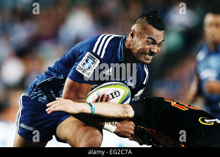 Auckland, New Zealand. 14th Feb, 2015. Lolagi Visinia of the Blues on the charge. Super Rugby match, Blues (Auckland) versus Chiefs (Hamilton) at QBE Stadium, Auckland, New Zealand. Saturday 14 February 2015. The Chiefs ran out winners by 18-23 in a close derby. © Action Plus Sports/Alamy Live News Stock Photo