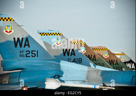 Five F-16 Fighting Falcons assigned to the 64th Aggressor Squadron await an end-of- runway inspection during Red Flag 14-1 Jan. 24, 2014, at Nellis Air Force Base, Nev. The Aggressors put the participants through their paces in air, space and cyberspace. Red Flag was established in 1975 to better prepare Airmen for combat missions because during Vietnam the kill radio for U.S. pilots was two to one with many of them being shot down during their first 10 combat missions.  Lorenz Crespo Stock Photo