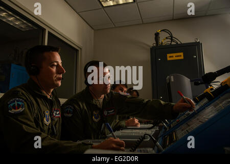 U.S. Air Force Capt. Daniel Moore, left, and Capt. Kyle Heiderich, right, check a launch control center panel during missile launch procedures training Feb. 3, 2014, at Vandenberg Air Force Base, Calif. The 576th Flight Test Squadron is America's only ICBM training and testing squadron that conducts an average of three to four test launches a year.  Staff Sgt. Jonathan Snyder Stock Photo