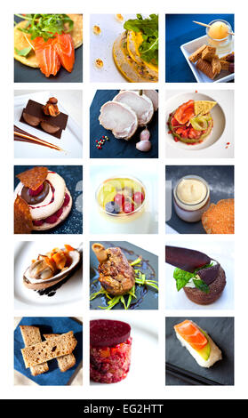 Collage of various gastronomic dishes and desserts Stock Photo