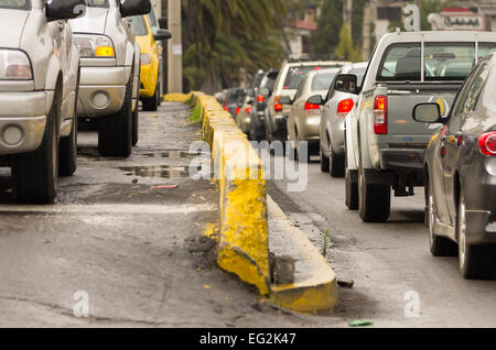 many cars in street city concept of traffic pollution Stock Photo