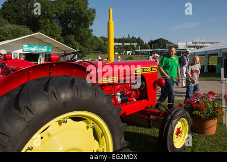 In immaculate condition, red David Brown 990 Implematic series classic tractor is parked & on display at Great Yorkshire Show, Harrogate, England, UK. Stock Photo