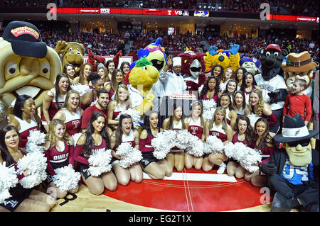 Philadelphia, PA, US. 14th Feb, 2015. The Temple Spirit Squad and an assortment of area mascots surround HOOTER, the Temple mascot to celebrate his birthday during the basketball game between the ECU Pirates and Temple Owls played at the Liacouras Center in Philadelphia, PA. Temple beat ECU 66-53. Credit:  Ken Inness/ZUMA Wire/Alamy Live News Stock Photo