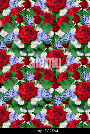 Background  from bouquet of red roses with asters and periwinkle Stock Photo