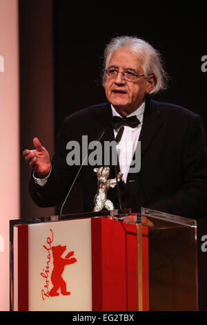 Berlin, Germany. 14th Feb, 2015. Patricio Guzman holds his Silver Bear for Best Script for the film 'The Pearl Button' during the award ceremony at the 65th Berlinale International Film Festival in Berlin, Germany, Feb. 14, 2015. Credit:  Zhang Fan/Xinhua/Alamy Live News Stock Photo