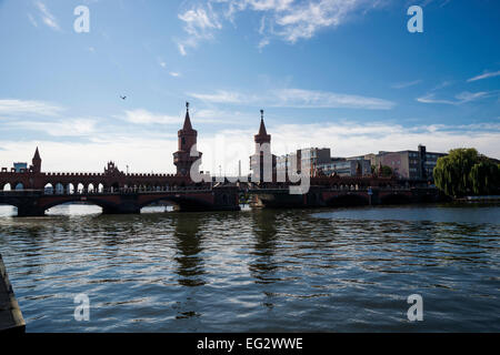 Silhouette of Oberbaum Bridge over River Spree, Berlin, Capital of Germany, Europe. Stock Photo