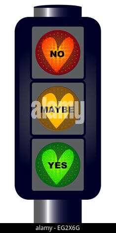 Traffic lights with hearts and yes no maybe text over a white background Stock Photo