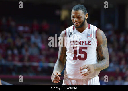 Philadelphia, PA, US. 14th Feb, 2015. Temple Owls forward JAYLEN BOND (15) smiles as he prepares to shoot a free throw during the basketball game between the ECU Pirates and Temple Owls played at the Liacouras Center in Philadelphia, PA. Temple beat ECU 66-53. Credit:  Ken Inness/ZUMA Wire/Alamy Live News Stock Photo