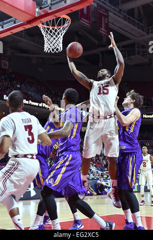 Philadelphia, PA, US. 14th Feb, 2015. Temple Owls forward JAYLEN BOND (15) controls a rebound among a host of ECU players during the basketball game between the ECU Pirates and Temple Owls played at the Liacouras Center in Philadelphia, PA. Temple beat ECU 66-53. Credit:  Ken Inness/ZUMA Wire/Alamy Live News Stock Photo