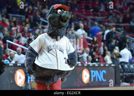 Philadelphia, PA, US. 14th Feb, 2015. FERROUS, a mascot for the Lehigh Valley IronPigs, plays some basketball for the Temple Owls mascot birthday at the Liacouras Center in Philadelphia, PA. Temple beat ECU 66-53. Credit:  Ken Inness/ZUMA Wire/Alamy Live News Stock Photo