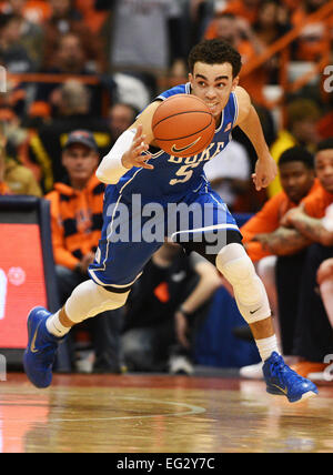 Syracuse, NY, USA. 14th Feb, 2015. Feb 14, 2015: Duke Blue Devils guard Tyus Jones #5 takes the ball down court during the second half of play as the Duke Blue Devils defeated the Syracuse Orange 80-72 at the Carrier Dome in Syracuse, NY. Credit:  csm/Alamy Live News Stock Photo