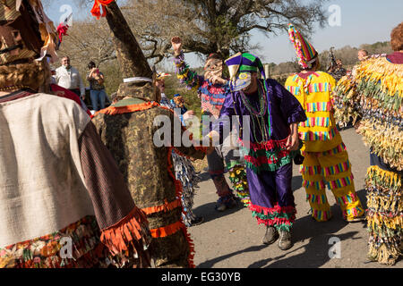 Wearing traditional Cajun Mardi Gras costume and mask runners dance in the streets during the Courir de Mardi Gras February 14, 2015 in Elton, Louisiana. Revelers go from house to house begging to gather food for a communal meal and celebrate by dancing for bystanders when successful. Capitaines riding horseback try to control the good natured revelers as they romp through the countryside causing mischief. Stock Photo