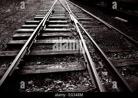 old train tracks in black and white Stock Photo
