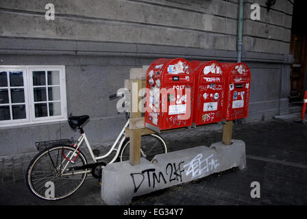 Copenhagen, Denmark. 15th Feb, 2015. Unknown person vandalised post boxes with various stickers near the Norreport train station. Credit:  Francis Dean/Alamy Live News Stock Photo