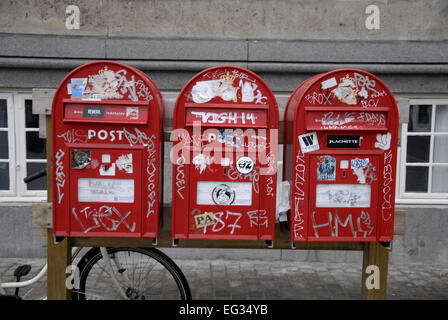 Copenhagen, Denmark. 15th Feb, 2015. Unknown person vandalised post boxes with various stickers near the Norreport train station. Credit:  Francis Dean/Alamy Live News Stock Photo