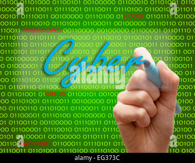 Marker hand writing protect password cyber crime caution binary text Stock Photo