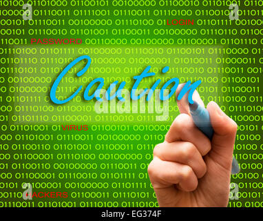 Marker hand writing protect password cyber crime caution binary text Stock Photo