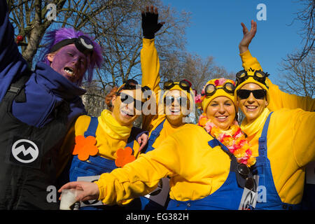 Düsseldorf, Germany. 15 February 2015. Despicable Me - Minions and Gru at carnival celebrations. Street carnival celebrations take place on Königsallee (Kö) in Düsseldorf ahead of the traditional Shrove Monday parade (Rosenmontagszug). Photo: carnivalpix/Alamy Live News Stock Photo