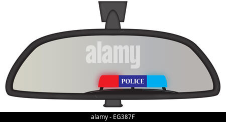 Police sirens in a chunky car rear view mirror isolated on a white background Stock Photo