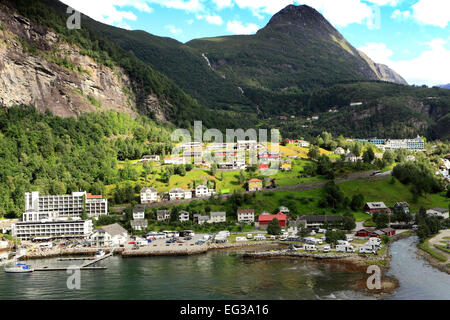View of Geiranger town, Geirangerfjord, UNESCO World Heritage Site, Sunnmøre region, Møre og Romsdal county, Western Norway Stock Photo