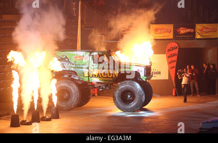 ISTANBUL, TURKEY - FEBRUARY 01, 2015: Monster Truck Dragon in Sinan Erdem Dome during Monster Hot Wheels stunt show. Stock Photo