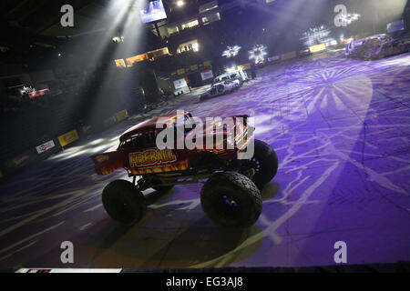 ISTANBUL, TURKEY - FEBRUARY 01, 2015: Monster Truck Fireball in Sinan Erdem Dome during Monster Hot Wheels stunt show. Stock Photo