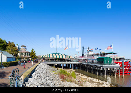 Waterfront promenade and the steamboat Natchez on the Mississippi River, French Quarter, New Orleans, Louisiana, USA Stock Photo