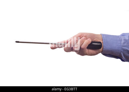 Male worker's hand holding screwdriver. Part of series set of images with DIY tools for home jobs and crafts in hand isolated Stock Photo