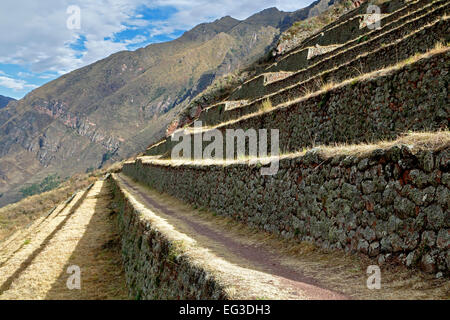 Agricultural terraces, Pisac Inca ruins, Pisac, Cusco, Peru Stock Photo