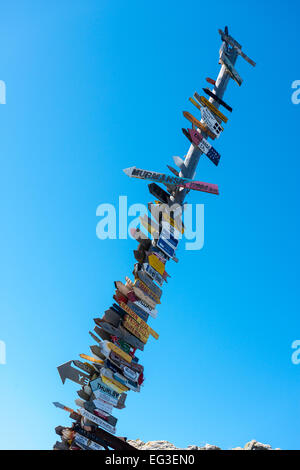 Port Stanley totem pole with distance to world destinations, erected by troops after Falklands conflict Stock Photo