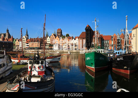 Yacht harbor in Gdansk with the famous crane and the old city in the background Stock Photo