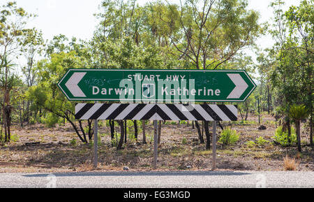 Outback road sign on the Stuart Highway, NT. Stock Photo