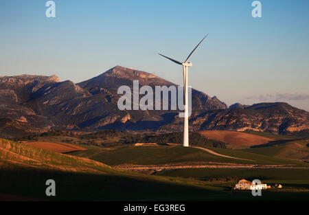 Windfarm amidst farmland near Ardales,  With ruined deserted farmhouse in foreground, Andalucia, Spain Stock Photo