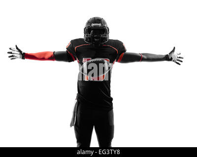 one american football player touchdown celebration in silhouette shadow on white background Stock Photo