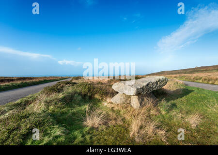Bosullow Quoit a modern day replica of a Dolmen found on a road junction on Bosullow Common near Penzance in Cornwall Stock Photo