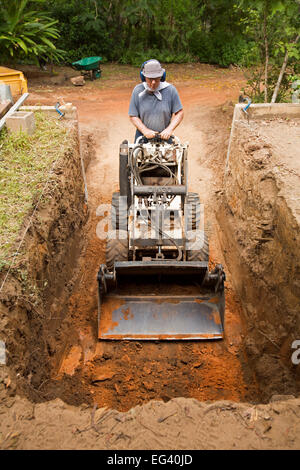 Man operating excavator / earthmoving machine on construction site with machine inside deep wide trench Stock Photo