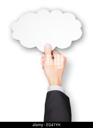 Hand of businessman holding thought bubble paper Stock Photo
