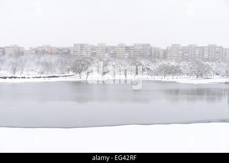 Heavy Winter Snow Over Bucharest City In Romania Stock Photo