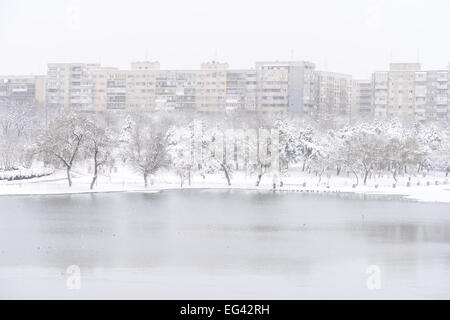 Heavy Winter Snow Over Bucharest City In Romania Stock Photo