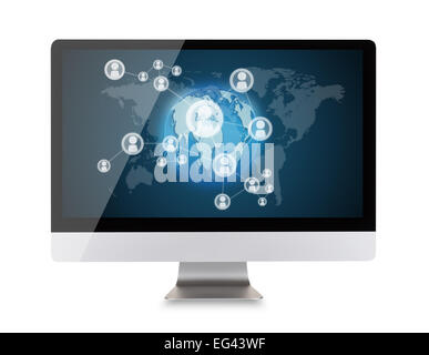 Modern computer display with digital icons of people connections. Concept of global network. Front view. Isolated on white backg Stock Photo