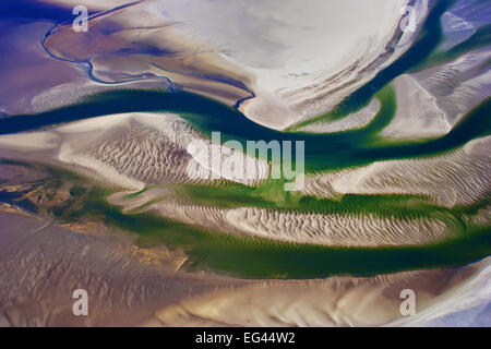 Aerial view, tidal creeks and sand dunes in the Wadden Sea of the North Sea at low tide, Hallig Hooge, Schleswig-Holstein Stock Photo