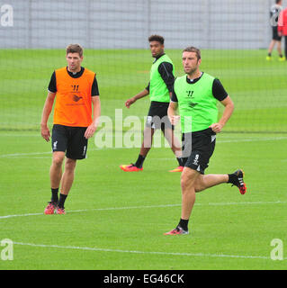 LFC players are seen training ahead of there first game of the season against Southampton.  Featuring: Rickie Lambert,Steven Gerrard Where: Liverpool, United Kingdom When: 14 Aug 2014 Stock Photo