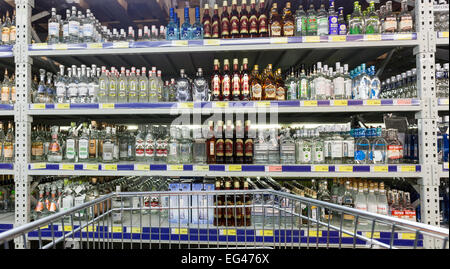 Showcase alcoholic beverages at the hypermarket METRO. Stock Photo