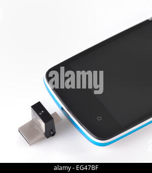 USB flashes drive ss 3.0 and mobile phone on white Stock Photo