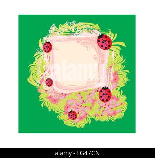 Family of ladybugs on the abstract floral background Stock Vector